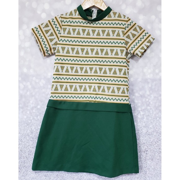 Sears Roebuck Other - Vtg Sears Roebuck Girls Green Dress Zig Zag Teepee Pattern Drop Waist Sz 10